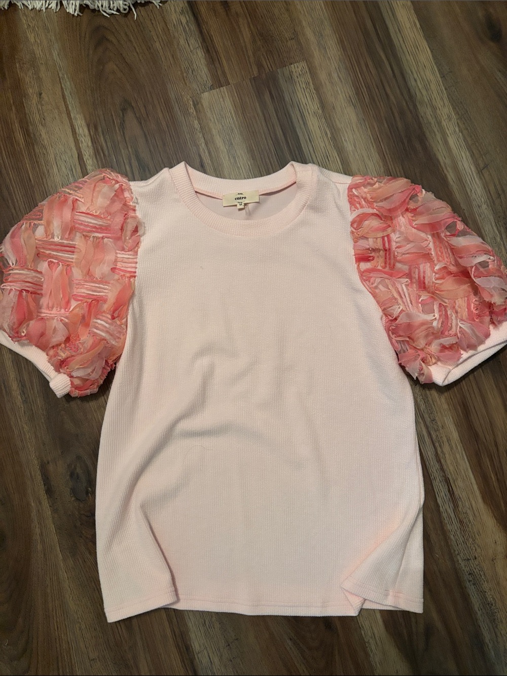 entro Light Pink Top with Textured Coral Puff Sleeves